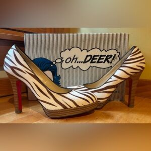 OH…DEER! Bette Zebra Pony Hair Platform Heels Size 7 Animal Print Stiletto Pumps